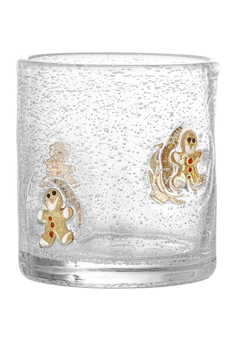 Durchsichtiger Glaskerzenhalter mit erhabenem goldenen Lebkuchenmann und Winterdesign-Akzenten, versehen mit einer strukturierten Oberfläche, die mit Blasen übersät ist.