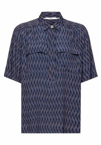 Camicia a maniche corte con bottoni, dotata di due tasche sul petto, caratterizzata da uno sfondo blu navy con un motivo geometrico arancione e blu.