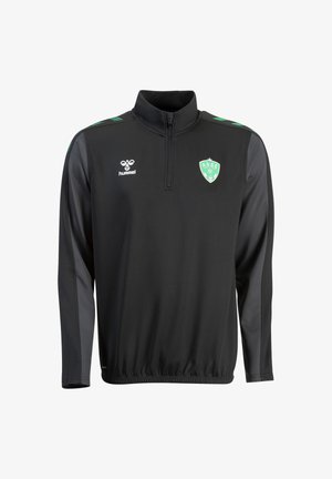 Zwart atletisch shirt met kwart-ritssluiting, lange mouwen, groene accenten en een logo. Gemaakt van glad synthetisch materiaal; heeft een geribde kraag.