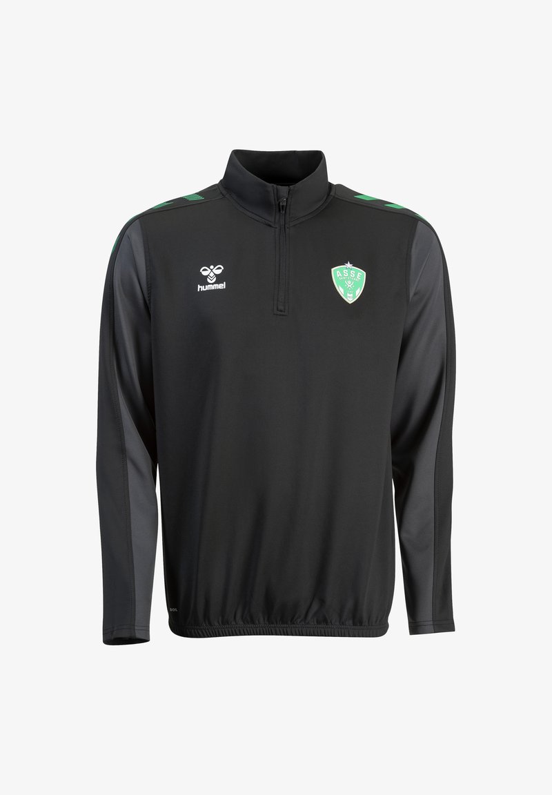 Czarna sportowa bluzka z krótkim suwakiem o długości ćwiartki, długimi rękawami, zielonymi akcentami i logo. Wykonana z gładkiej syntetycznej tkaniny; posiada prążkowany kołnierz.