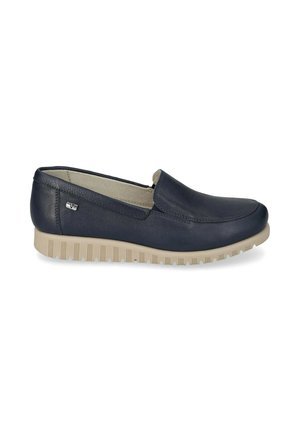 Scarpa slip-on in pelle blu navy con suola beige a coste e piccolo logo argentato sul lato, progettata per un uso casual.