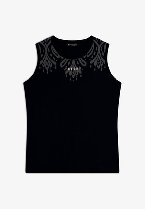 Top senza maniche nero in tessuto dalla superficie liscia; presenta un motivo decorativo grigio sul collo e il logo 'FREDDY' in bianco.