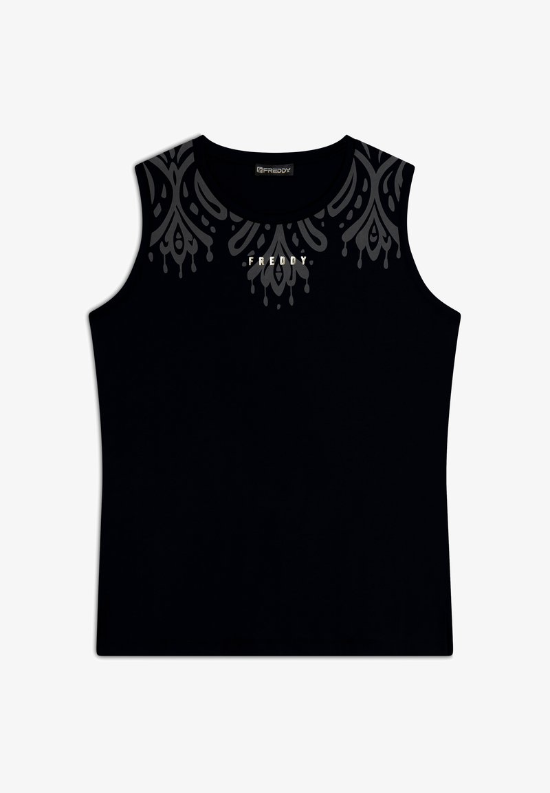 Top senza maniche nero in tessuto dalla superficie liscia; presenta un motivo decorativo grigio sul collo e il logo 'FREDDY' in bianco.