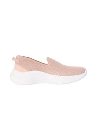Zapatilla tipo slip-on tejida de color rosa claro con suela blanca texturizada y cuello elástico diseñada para facilitar el calzado y brindar comodidad.