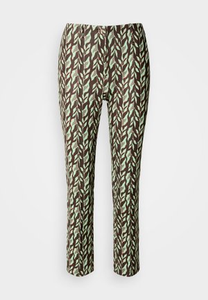 Brown and green patterned trousers featuring a leaf design, slim fit, with a smooth texture and no visible fastenings or pockets.
