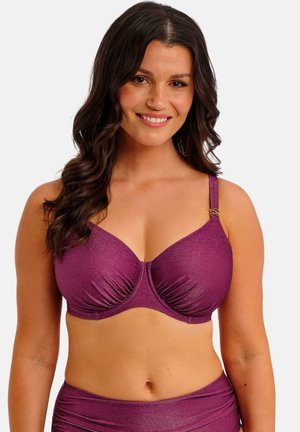 Fuchsiapaarse beha met glanzende, geplooide stof. Voorzien van beugelondersteuning, verstelbare bandjes en een gouden accent op het bandje.