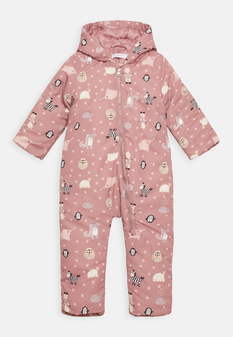 Roze baby sneeuwpak met capuchon en rits, versierd met een patroon van cartoon dieren en sterren.