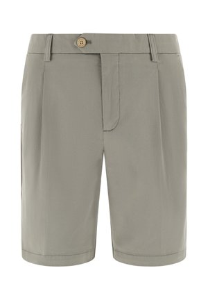 Pantaloncini beige su misura con chiusura a bottone, passanti per cintura, pieghe frontali e apertura con cerniera nascosta.