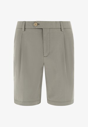 Shorts beige sur mesure avec une fermeture à bouton, des passants pour ceinture, des plis avant et une braguette zippée dissimulée.