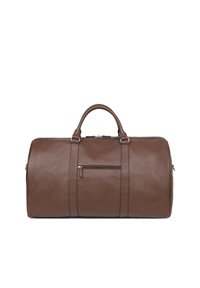 Borsa da viaggio in pelle marrone di forma arrotondata, dotata di due manici, chiusura con zip e tasca frontale con zip. Texture liscia, con accenti minimi.