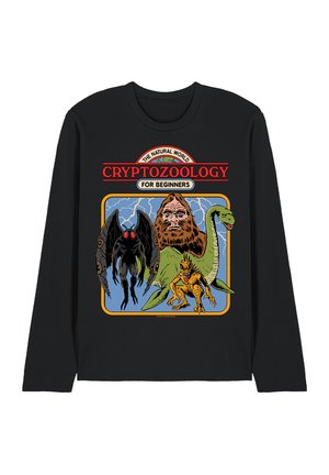 Black long-sleeve shirt with colorful cryptozoology creatures: Mothman, Bigfoot, Loch Ness Monster, and a dinosaur under lightning.