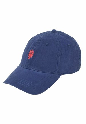 Navy blue baseball cap with curved brim, stitched panels, and a small red lobster logo embroidered on the front left side.