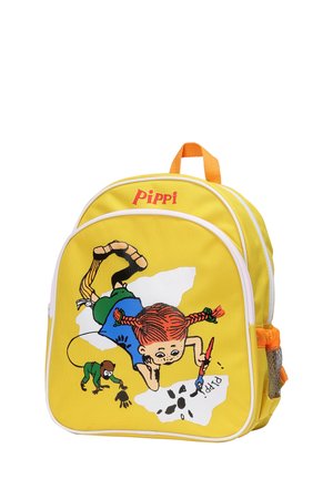 Yellow children's backpack with illustration of red-haired girl drawing footprints and word Pippi in red on top front pocket.