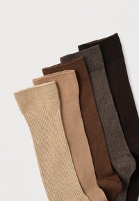 Sæt med seks par ribstrikkede sokker i forskellige nuancer af beige og brun, med blød tekstur og tilpasset manchetdesign.