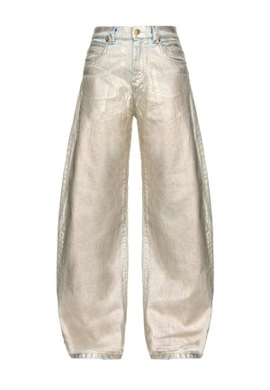 Jeans larghi metallici in una leggera sfumatura di argento. Presentano una vita alta, un design classico a cinque tasche e dettagli di cucitura minimali.