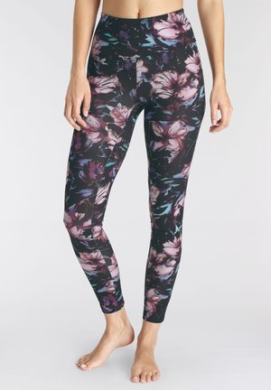 High-waisted leggings made from stretchy material, featuring a floral print in shades of pink, purple, and teal on a black background.