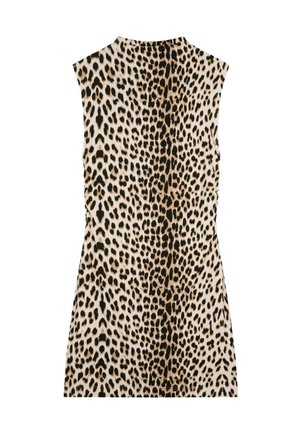 Robe sans manches présentant un motif léopard dans des nuances de marron, beige et noir. Tissu lisse, silhouette ajustée, col montant.
