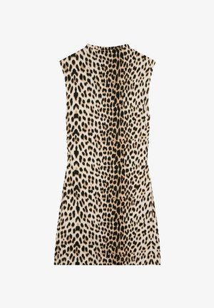 Bez piedurknēm veidota kleita ar leoparda apdrukas rakstu, iekļaujot brūnus, bēšus un melnus toņus. Gluda auduma, pieguloša forma, augsta apkakle.