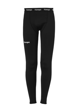 Leggings compressivi neri a tutta lunghezza con logo Kempa sulla coscia sinistra e sul girovita, pensati per uso sportivo o atletico.