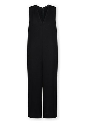 Combinaison noire sans manches avec col en V et jambes larges, présentant de subtils embellissements à pois sur tout le tissu.