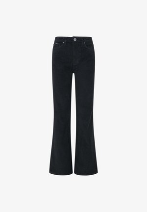 Czarne sztruksowe spodnie w stylu dzwonów z zapięciem na guzik i zamek, posiadające dwie przednie kieszenie i gładką teksturę. Prosty krój nogawek.