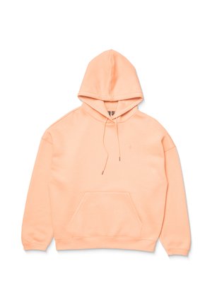 Hætte sweatshirt i lys fersken, lavet af blødt stof. Har en frontlomme og snore. Løs pasform med ribbet manchetter og kant.