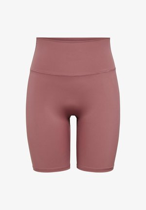 Pantalones cortos de ciclista de color malva, de cintura alta, elásticos, con costuras planas y longitud hasta la mitad del muslo.