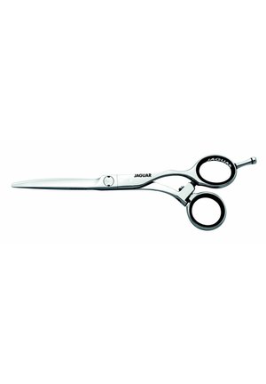 Professionelle Friseurschere aus Edelstahl mit Fingerauflage, schwarzen Griffen und "JAGUAR"-Logo auf Klingen und Griff.