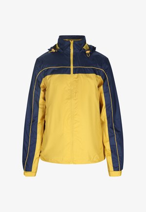 Žlutá a námořnická modrá větrovka s plným zipem, nastavitelnou kapucí a kontrastními bočními pruhy. Hladká textura s elastickými manžetami.