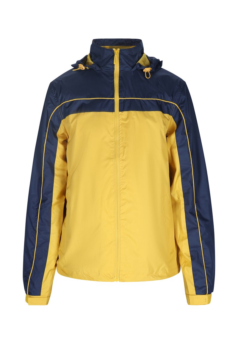 Jachetă de vânt galbenă și bleumarin, dotată cu fermoar complet, glugă ajustabilă și dungi laterale contrastante. Textură netedă cu manșete elastice.