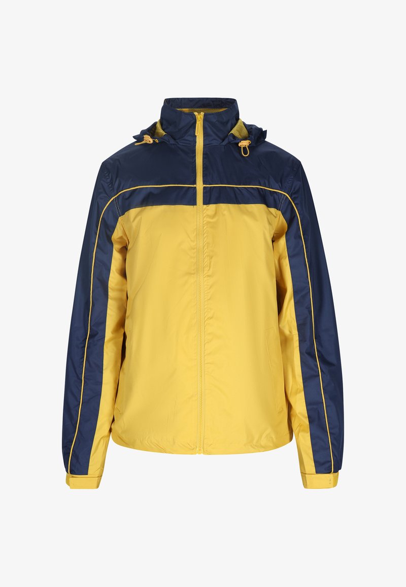 Jachetă de vânt galbenă și bleumarin, dotată cu fermoar complet, glugă ajustabilă și dungi laterale contrastante. Textură netedă cu manșete elastice.