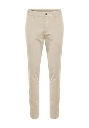 Smėlio spalvos kelnės, pagamintos iš tekstūruoto audinio. Su mygtukų uždarymu, diržo kilpomis ir siauru siluetu su siaurėjantis kojomis.