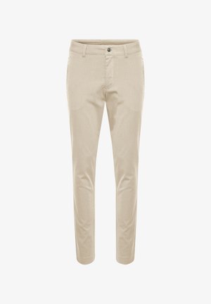 Beige trousers made from a textured fabric. Features a button closure, belt loops, and a slim fit with tapered legs.