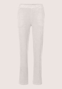 Witte broek met een gladde textuur en een rechte pijp. Elastische tailleband met een subtiel, gestructureerd patroon aan de rand.