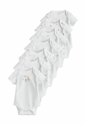 Fem kortärmade vita bodysuits med olika mönster, inklusive djur och regnbågar, i mjukt bomullstyg. Tryckknappsstängning i botten.