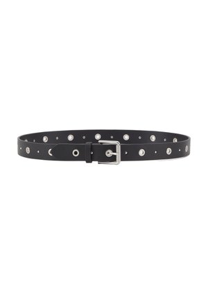 Black leather belt with silver buckle and multiple silver eyelets evenly spaced along the length for adjustable sizing.