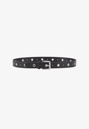 Black leather belt with silver buckle and multiple silver eyelets evenly spaced along the length for adjustable sizing.
