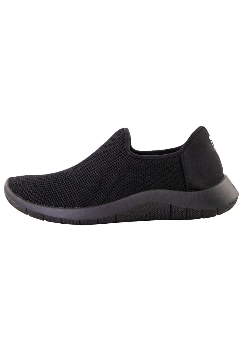 Schwarzer Slipper mit einem strukturierten Mesh-Obermaterial und einer Gummisohle. Rundliche Zehenform mit minimalen Akzenten und leichtem Design.