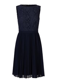 Robe bleu marine avec un corsage en dentelle et un design sans manches. Jupe plissée avec une taille ajustée. Fermeture éclair au dos.