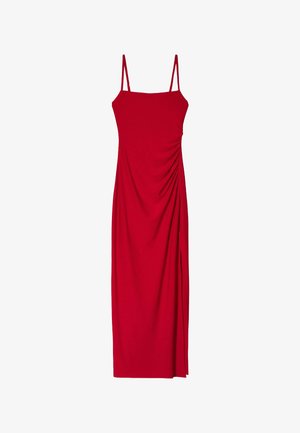 Red sleeveless dress with spaghetti straps, featuring a fitted silhouette and draped detailing on the side for texture and visual interest.
