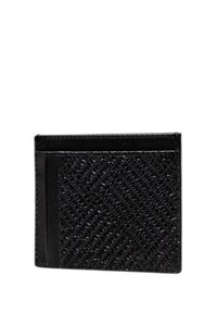 Portafoglio in pelle nera con texture intrecciata, forma rettangolare, singolo scomparto per carte su un lato, finitura liscia dall'altro lato.