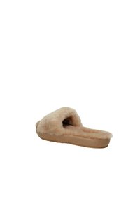 Ciabatta beige con tomaia in pelliccia morbida, design con punta aperta, fodera imbottita e suola testurizzata per una migliore presa.