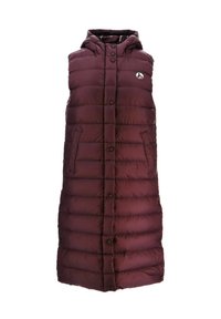 Gilet imbottito bordeaux con cappuccio, dotato di chiusura frontale a bottoni, motivo a righe orizzontali e due tasche laterali per riporre oggetti.