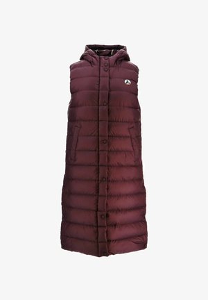 Gilet imbottito bordeaux con cappuccio, dotato di chiusura frontale a bottoni, motivo a righe orizzontali e due tasche laterali per riporre oggetti.