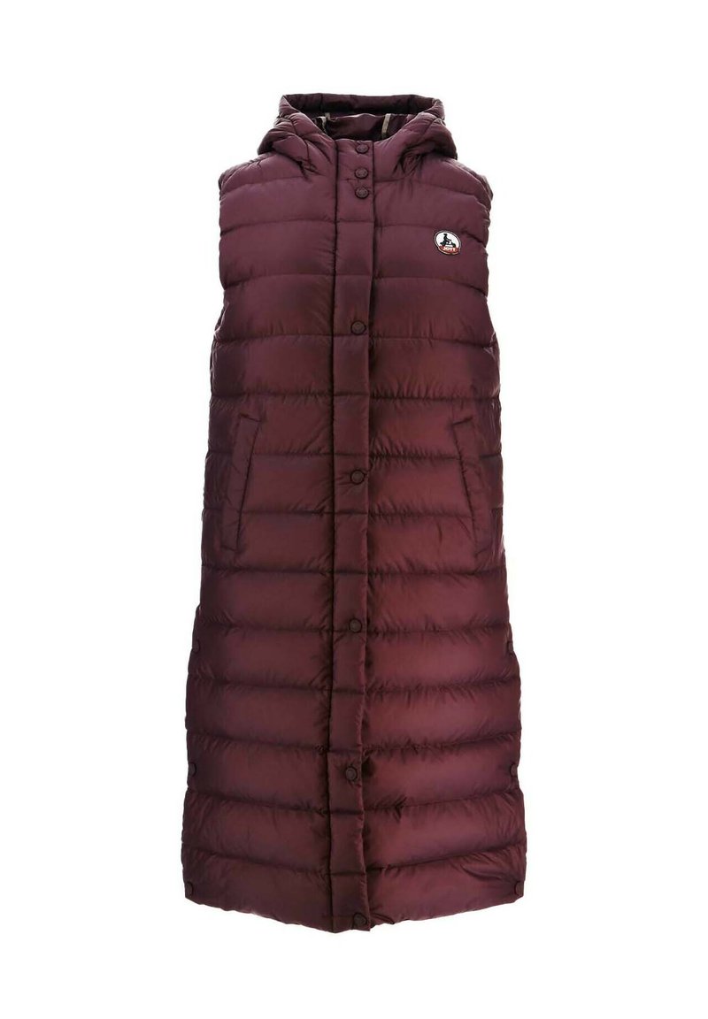 Gilet imbottito bordeaux con cappuccio, dotato di chiusura frontale a bottoni, motivo a righe orizzontali e due tasche laterali per riporre oggetti.