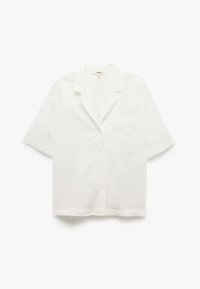 Camicia bianca a maniche corte in tessuto leggero, con colletto a punta, taschino frontale e chiusura con cinque bottoni, con orlo dritto.