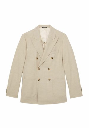 Beige, doppelt geknöpfter Blazer mit Stegkragen, vier braunen Knöpfen, zwei Vordertaschen und einer Brusttasche, gefertigt aus strukturiertem Stoff.