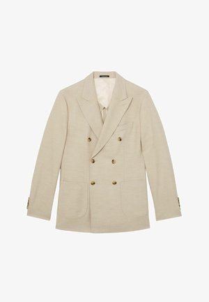 Beige, doppelt geknöpfter Blazer mit Stegkragen, vier braunen Knöpfen, zwei Vordertaschen und einer Brusttasche, gefertigt aus strukturiertem Stoff.