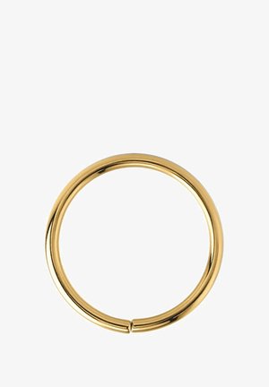 Gouden ring met een gladde, ronde vorm en naadloze sluiting. Het gepolijste metalen oppervlak reflecteert het licht, wat zorgt voor een elegante uitstraling.