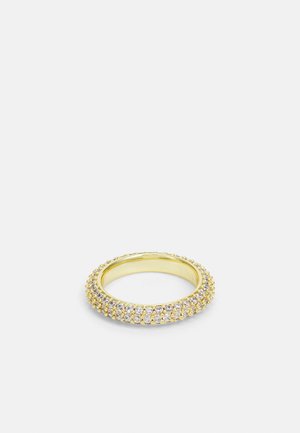 Gouden ring met een rij heldere kristallen rondom de band. Glad innerlijk oppervlak; gematteerde buitenrand met delicate parelrand.
